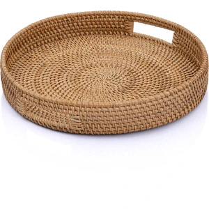 Meander El Yapımı Yuvarlak Büyük Boy Rattan Çok Amaçlı Kulplu Tepsi 35cm 8981
