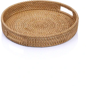 Meander El Yapımı Yuvarlak Küçük Boy Rattan Çok Amaçlı Kulplu Tepsi 30cm 8982