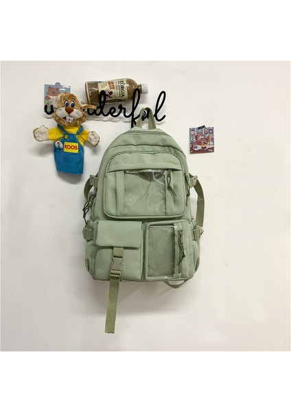 Yeşil Kadın Sırt Çantası Traveasy Sevimli Kadın Sırt Çantası Yeni Çok Cep Naylon Lise Çantaları Bayan Moda Kawaii Sırt Çantası Kadın Ayı ile Peluş Kolye (Yurt Dışından)