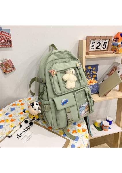 Yeşil Kadın Sırt Çantası Traveasy Sevimli Kadın Sırt Çantası Yeni Çok Cep Naylon Lise Çantaları Bayan Moda Kawaii Sırt Çantası Kadın Ayı ile Peluş Kolye (Yurt Dışından) fiyatları