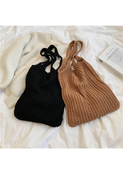 Haki Yün Örme Omuz Alışveriş Çantası Kadınlar Için Vintage Pamuklu Bez Kız Tote Alışveriş Çantası Büyük Kadın Çanta Tığ Çanta (Yurt Dışından)