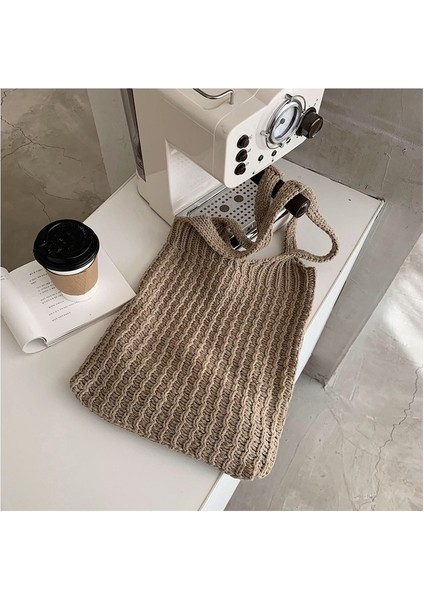 Haki Yün Örme Omuz Alışveriş Çantası Kadınlar Için Vintage Pamuklu Bez Kız Tote Alışveriş Çantası Büyük Kadın Çanta Tığ Çanta (Yurt Dışından)