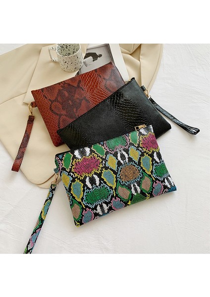 Siyah Moda Trendi Kadın Debriyaj Pu Deri Yılan Desen Baskı Evelope Çanta Bileklik Çanta Kadın Rahat Küçük Çanta Günü Kılıfı Çanta (Yurt Dışından) fiyatları