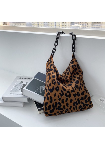 Leopar Baskı 2023 Yeni Sonbahar Kış Kadife Omuz Çantaları Retro Leopar Desen Çanta Kalın Zincir Çanta Kadın Günlük Sıcak Yumuşak Crossbody (Yurt Dışından)