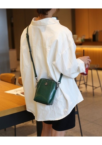 Yeşil Deri Kadın Cep Telefonu Çantası Tek Omuz Messenger Çanta Moda Tüm Maç Yağ Balmumu Dana Rahat Crossbody Küçük Çanta (Yurt Dışından)