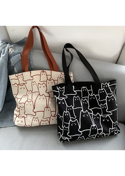 Bej 2023 Kanvas Çantalar Çanta Kadınlar Için Shopper Tote Çanta Moda Tasarımcısı Çanta Japon Tarzı Karikatür Sevimli Kediler Küçük Eko Omuz Çantası (Yurt Dışından) fiyatları