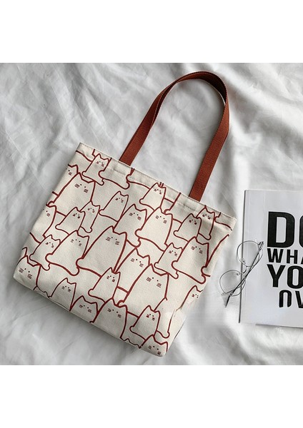 Bej 2023 Kanvas Çantalar Çanta Kadınlar Için Shopper Tote Çanta Moda Tasarımcısı Çanta Japon Tarzı Karikatür Sevimli Kediler Küçük Eko Omuz Çantası (Yurt Dışından) modelleri