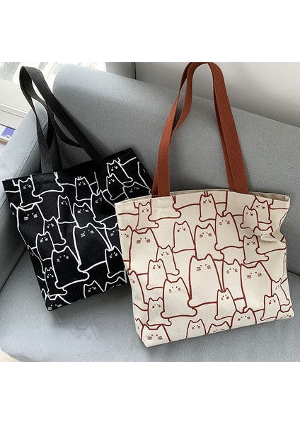 Bej 2023 Kanvas Çantalar Çanta Kadınlar Için Shopper Tote Çanta Moda Tasarımcısı Çanta Japon Tarzı Karikatür Sevimli Kediler Küçük Eko Omuz Çantası (Yurt Dışından) fırsatları
