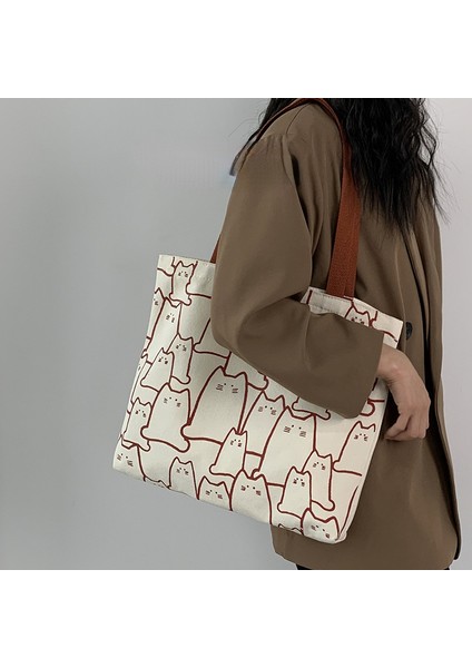 Bej 2023 Kanvas Çantalar Çanta Kadınlar Için Shopper Tote Çanta Moda Tasarımcısı Çanta Japon Tarzı Karikatür Sevimli Kediler Küçük Eko Omuz Çantası (Yurt Dışından) indirimleri
