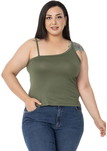 Büyük Beden Asimetrik Askılı Viskon Haki Body
