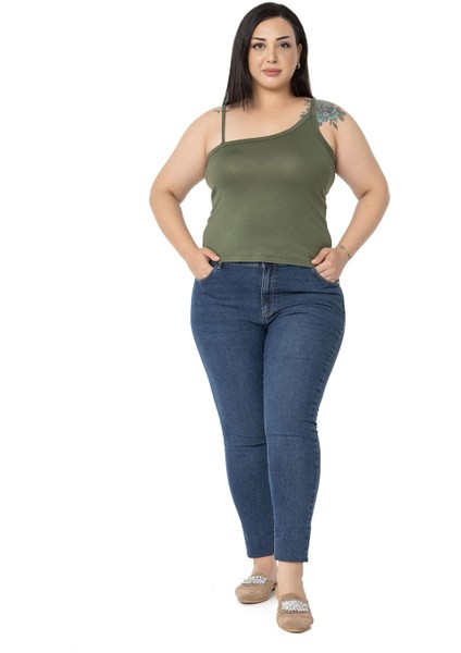 Büyük Beden Asimetrik Askılı Viskon Haki Body fiyatları