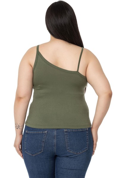 Büyük Beden Asimetrik Askılı Viskon Haki Body modelleri