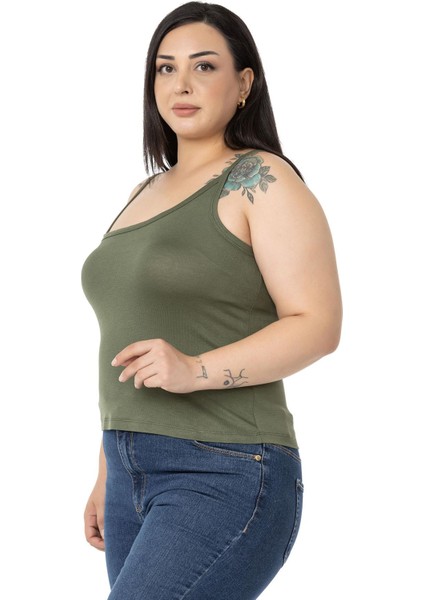 Büyük Beden Asimetrik Askılı Viskon Haki Body fırsatları