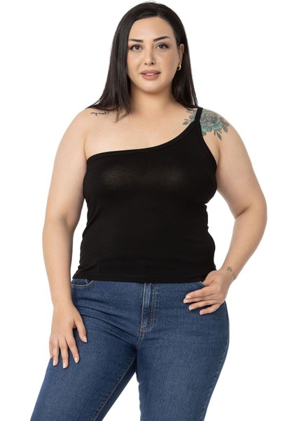 Büyük Beden Tek Omuz Dekolteli Viskon Siyah Body