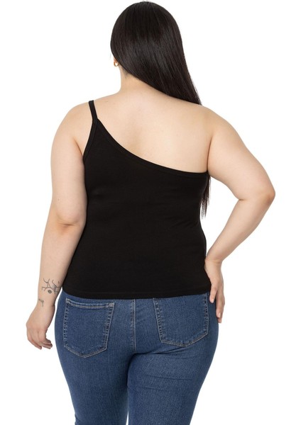 Büyük Beden Tek Omuz Dekolteli Viskon Siyah Body