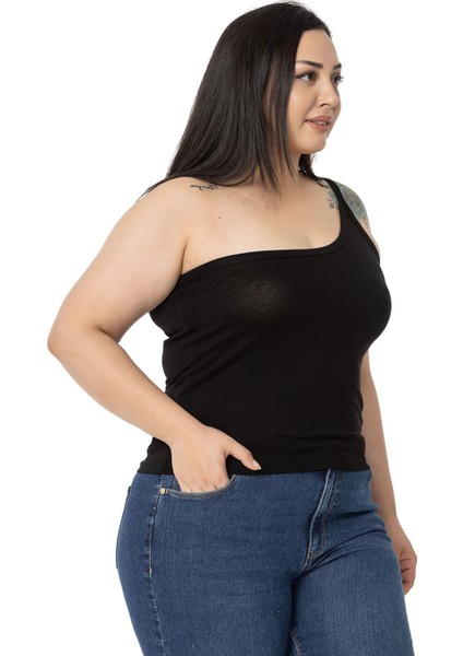 Büyük Beden Tek Omuz Dekolteli Viskon Siyah Body