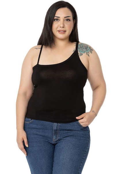 Büyük Beden Asimetrik Askılı Viskon Siyah Body