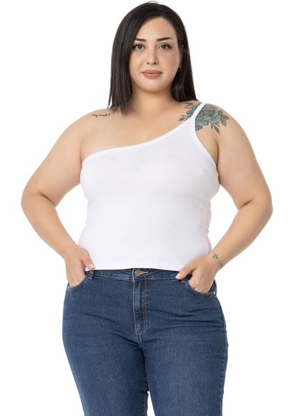 Büyük Beden Tek Omuz Dekolteli Viskon Beyaz Body