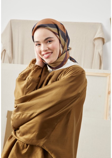 Color Mıx Desen Pamuk Ipek Eşarp Kahve