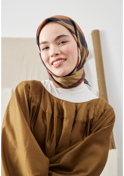 Color Mıx Desen Pamuk Ipek Eşarp Kahve