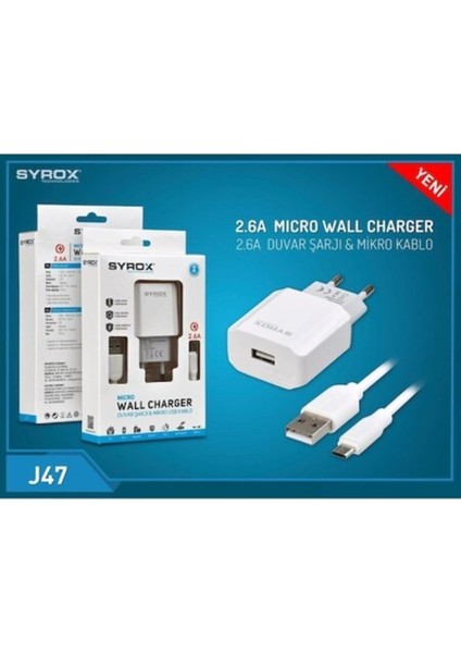 J47 Micro USB Girişli 2.6 Amper Hızlı Şarj Aleti