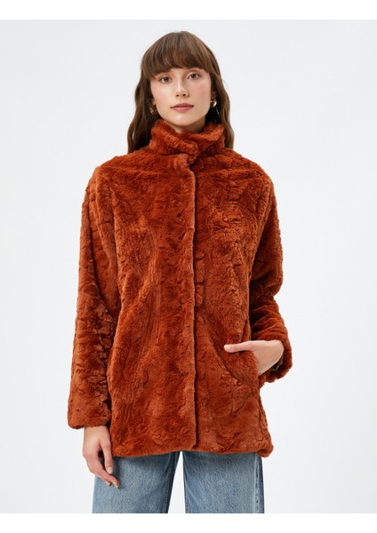 Peluş Mont Dik Yaka Cep Detaylı Astarlı