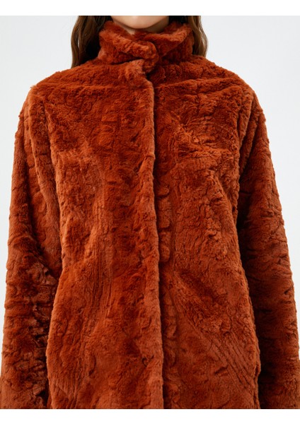 Peluş Mont Dik Yaka Cep Detaylı Astarlı