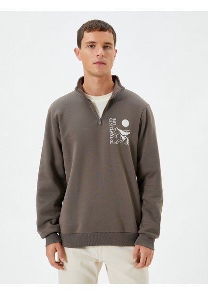 Yarım Fermuarlı Sweatshirt Slogan Baskılı Dik Yaka