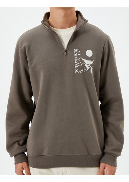 Yarım Fermuarlı Sweatshirt Slogan Baskılı Dik Yaka