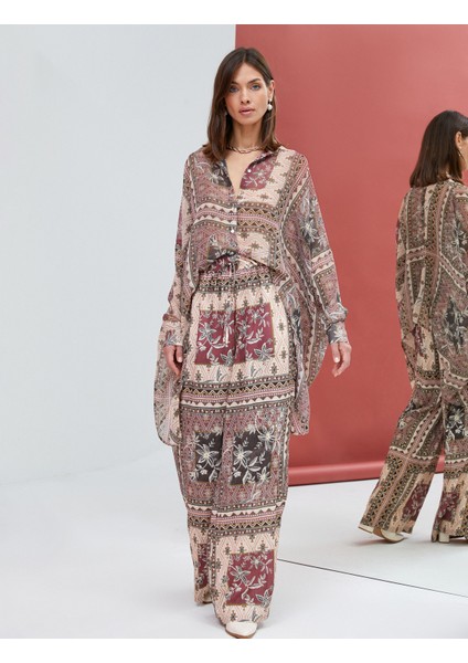 Şifon Gömlek Etnik Desenli Düğmeli Önü Kısa Arkası Uzun