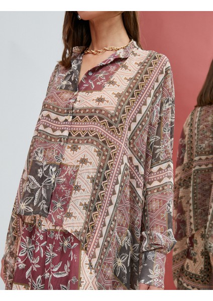 Şifon Gömlek Etnik Desenli Düğmeli Önü Kısa Arkası Uzun indirimleri