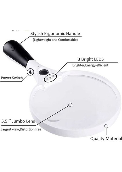 605B LED Işıklı El Tipi Büyüteç (3x 4,5x 25X Diopter)