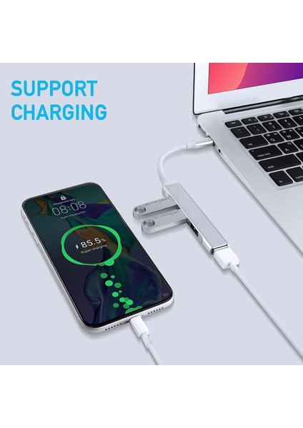 4in1 USB-C HUB Çoklu Bağlantı Noktası Adaptörü : 4x USB 3.0 Data ve Veri Aktarımı Portu.