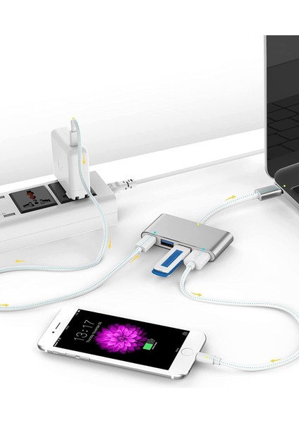 4in1 Usb-C Hub Çoklu Bağlantı Noktası Adaptörü : 3x USB 3.0 + 1x Usb-C Hızlı Şarj ve Data Aktarımı Portu.