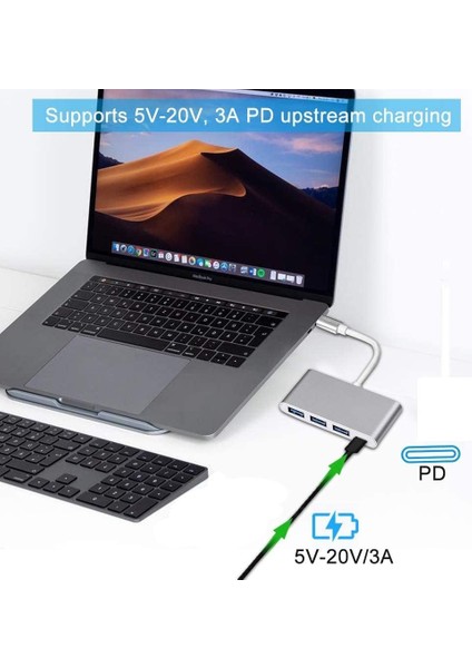 4in1 Usb-C Hub Çoklu Bağlantı Noktası Adaptörü : 3x USB 3.0 + 1x Usb-C Hızlı Şarj ve Data Aktarımı Portu.