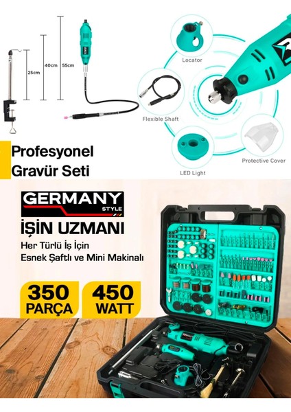 450 Watt Çift Makineli 350 Parça Devir Ayarlı Gravür Makinesi Esnek Şaftlı