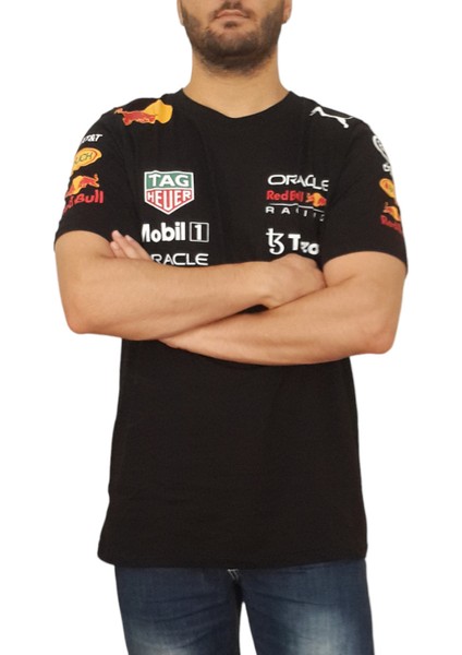 Erkek Bisiklet Yakalı Honda Redbull Baskılı Kısa Kollu Siyah Tişört Ety-Hndr
