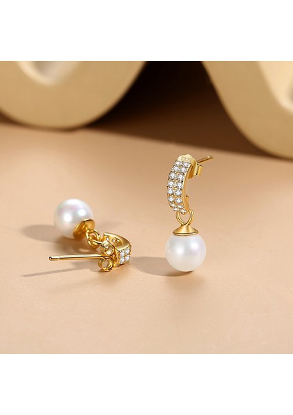 Bayan S925 Gümüş Küpe, Geometrik Yarım Yuvarlak Küçük Inci Küpe (Yurt Dışından)