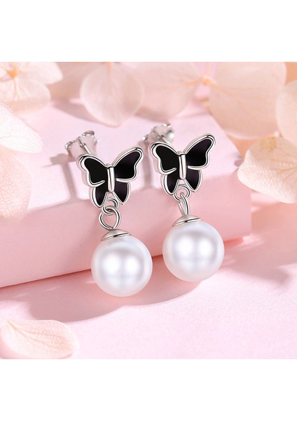 S925 Gümüş Kelebek Inci Küpe, Kısa Mizaçlı Tatlı Küpeler (Yurt Dışından)