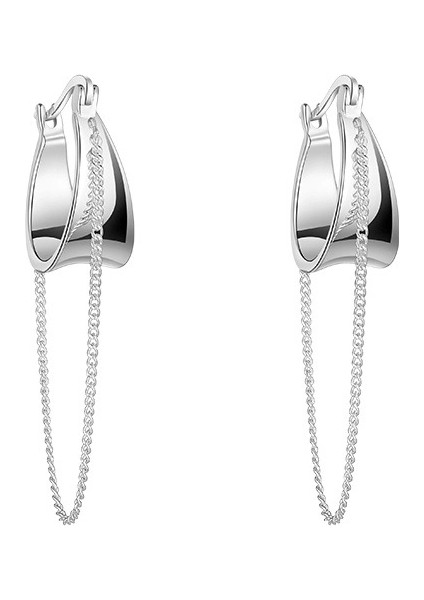 Bayan Küpe, 925 Ayar Gümüş Zincir Püsküllü Geniş Yüzlü Küpe (Yurt Dışından)