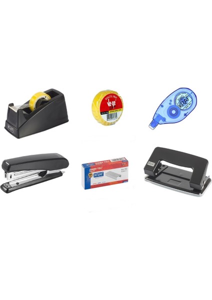 6 Parça Ofis Kırtasiye Seti + Delgeç - Bant Kesici - Daksil - Bant - Zımba Seti