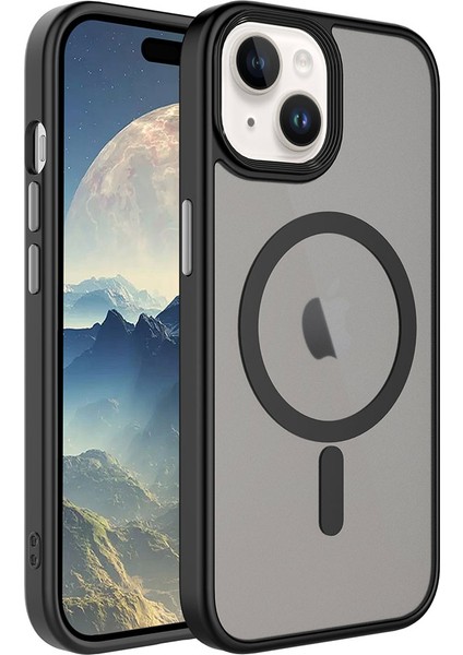 Apple iPhone 15 Plus Kılıf Mat Arka Yüzey Wireless Şarj Özellikli Flet Magsafe Kapak Siyah