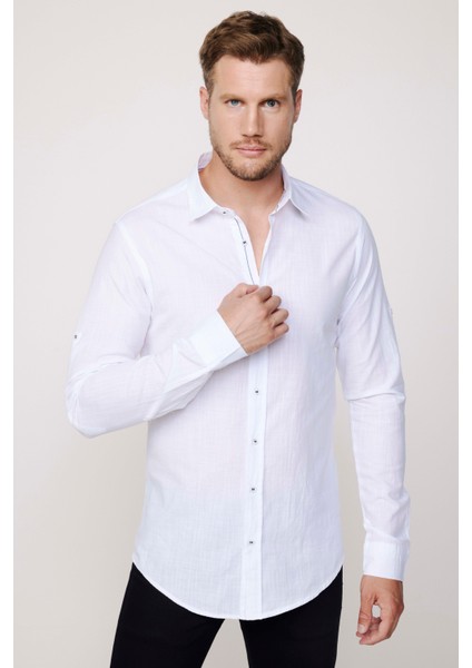 Slim Fit Uzun Kol Apoletli Keten Düz Beyaz Erkek Gömlek