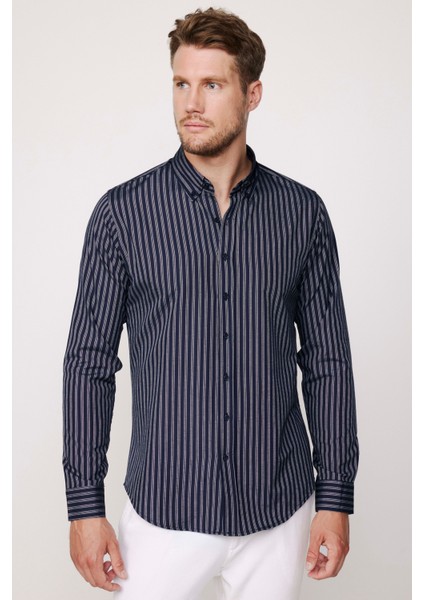 Slim Fit Pamuklu Kolay Ütü Çizgili Lacivert Erkek Gömlek