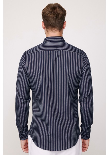 Slim Fit Pamuklu Kolay Ütü Çizgili Lacivert Erkek Gömlek