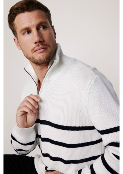 Erkek Slim Fit Fermuarlı Dik Yaka Çizgili Pamuklu Kazak modelleri
