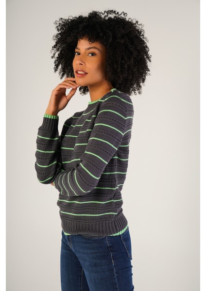 Kadın Füme Linxli Ajurlu Çizgili Bisiklet Yaka %100 Pamuk Kazak TRIST-6142 indirimleri