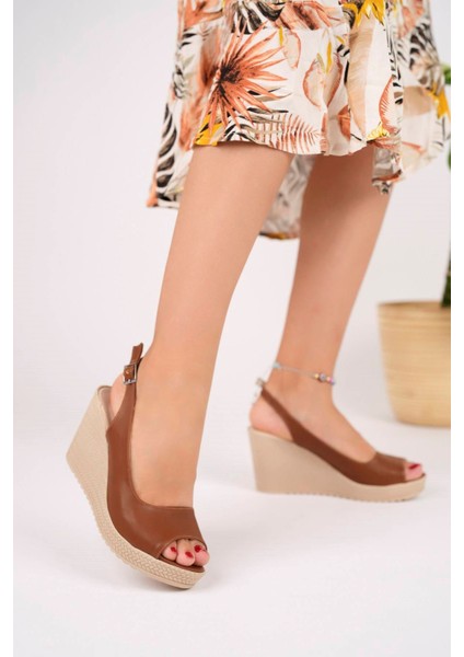 Dolgu Taban Önü Açık Koyu Taba Cilt Kadın Ayakkabı modelleri