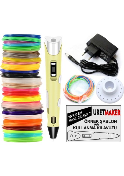Sarı Renk 3D Pen Kalem Yazıcı ve 30 Metre Pla Filament (10 Renk x 3 Metre)