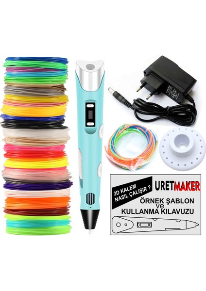 Mavi Renk 3D Pen Kalem Yazıcı ve 50 Metre Pla Filament (10 Renk x 5 Metre)